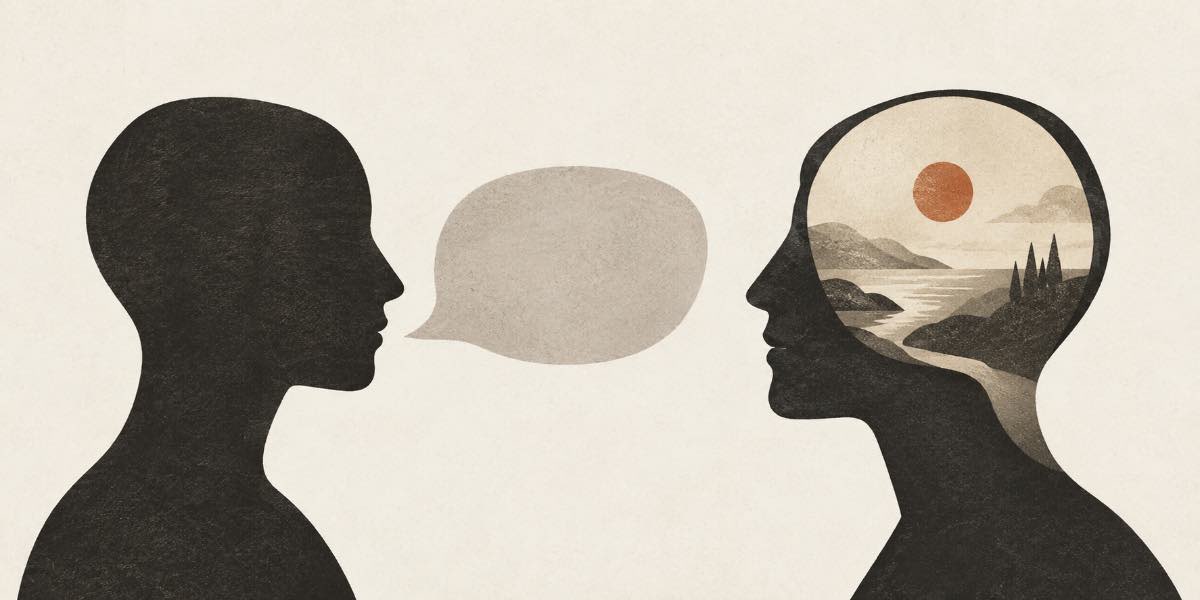 Two dark profiles face each other; one speaks through an empty speech bubble while the other contains a detailed landscape, illustrating “show, don’t tell.”