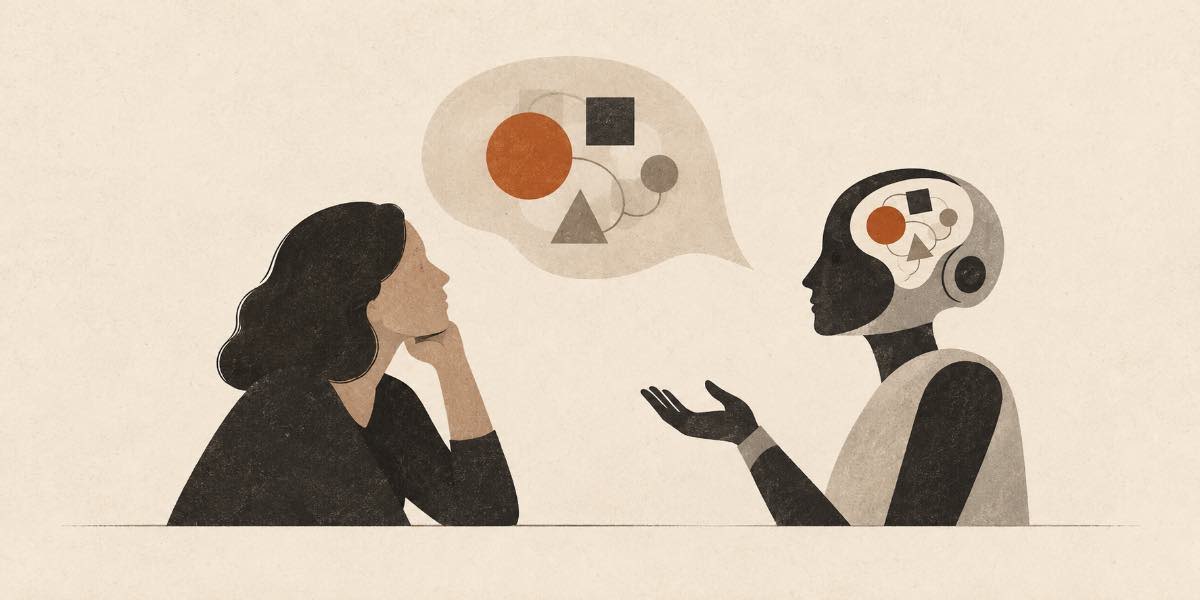 Illustration: a woman listens, chin in hand, as a robot explains; the shapes in its speech bubble mirror the shapes inside its head.
