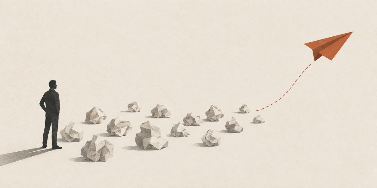 Illustration: a person stands beside a field of crumpled paper balls while a single orange paper plane takes off on a dotted arc.