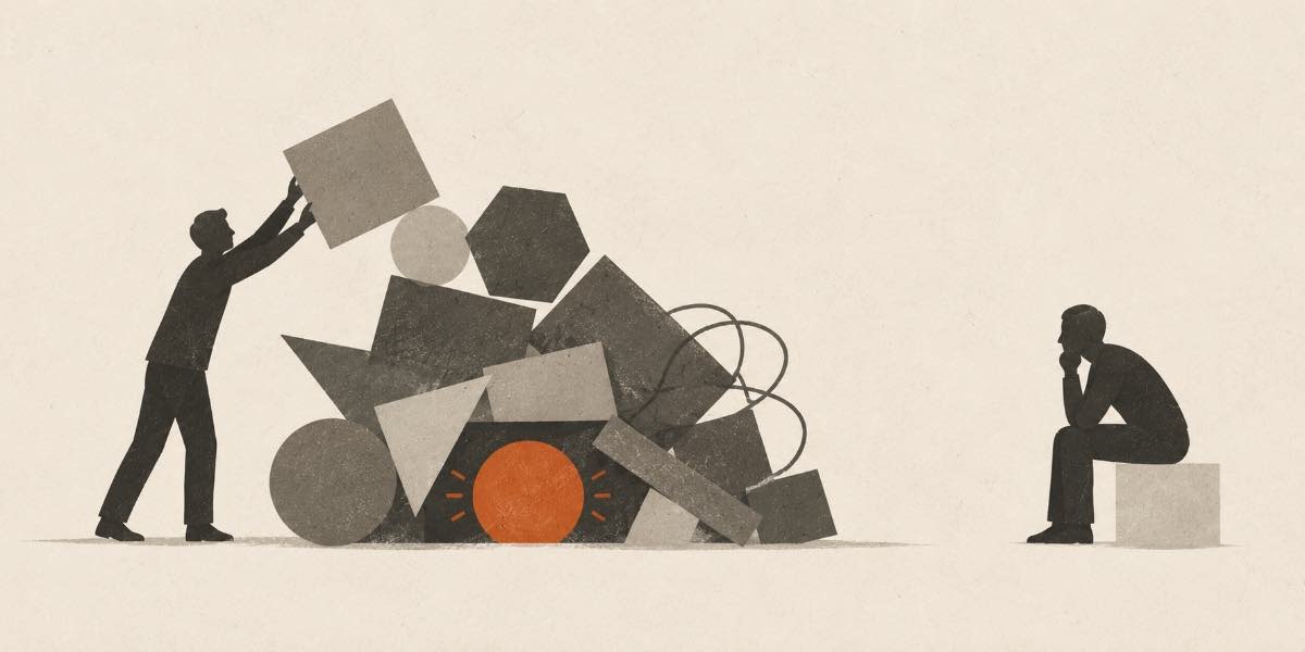 Illustration: a founder stacks a heap of gray shapes over a glowing orange circle while a listener sits on a block, chin in hand, unimpressed.