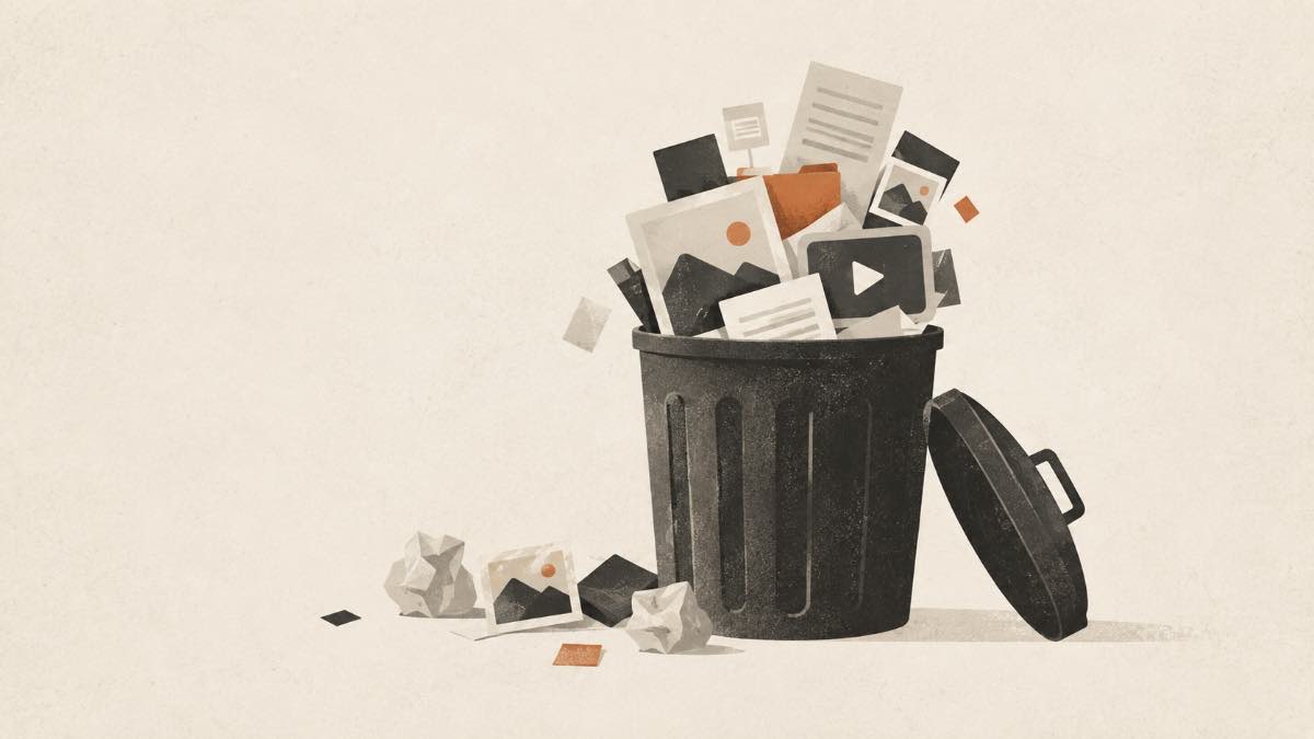 Illustration: a metal trash can overflowing with discarded AI output: images, documents, a video thumbnail and crumpled paper.