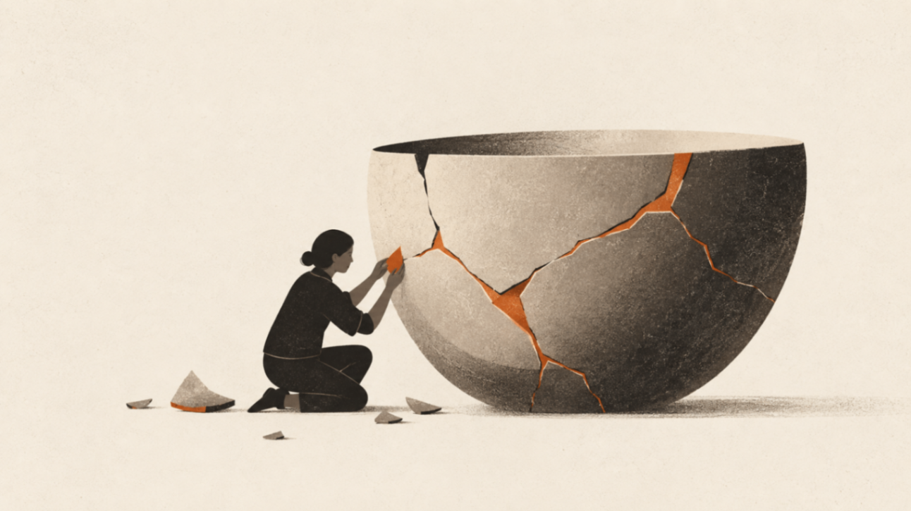 A person kneels beside an oversized cracked ceramic bowl, repairing its fractures with rust-orange seams.