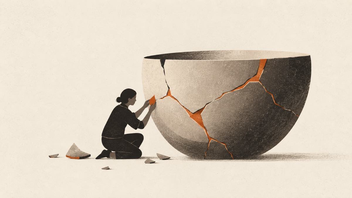 A person kneels beside an oversized cracked ceramic bowl, repairing its fractures with rust-orange seams.